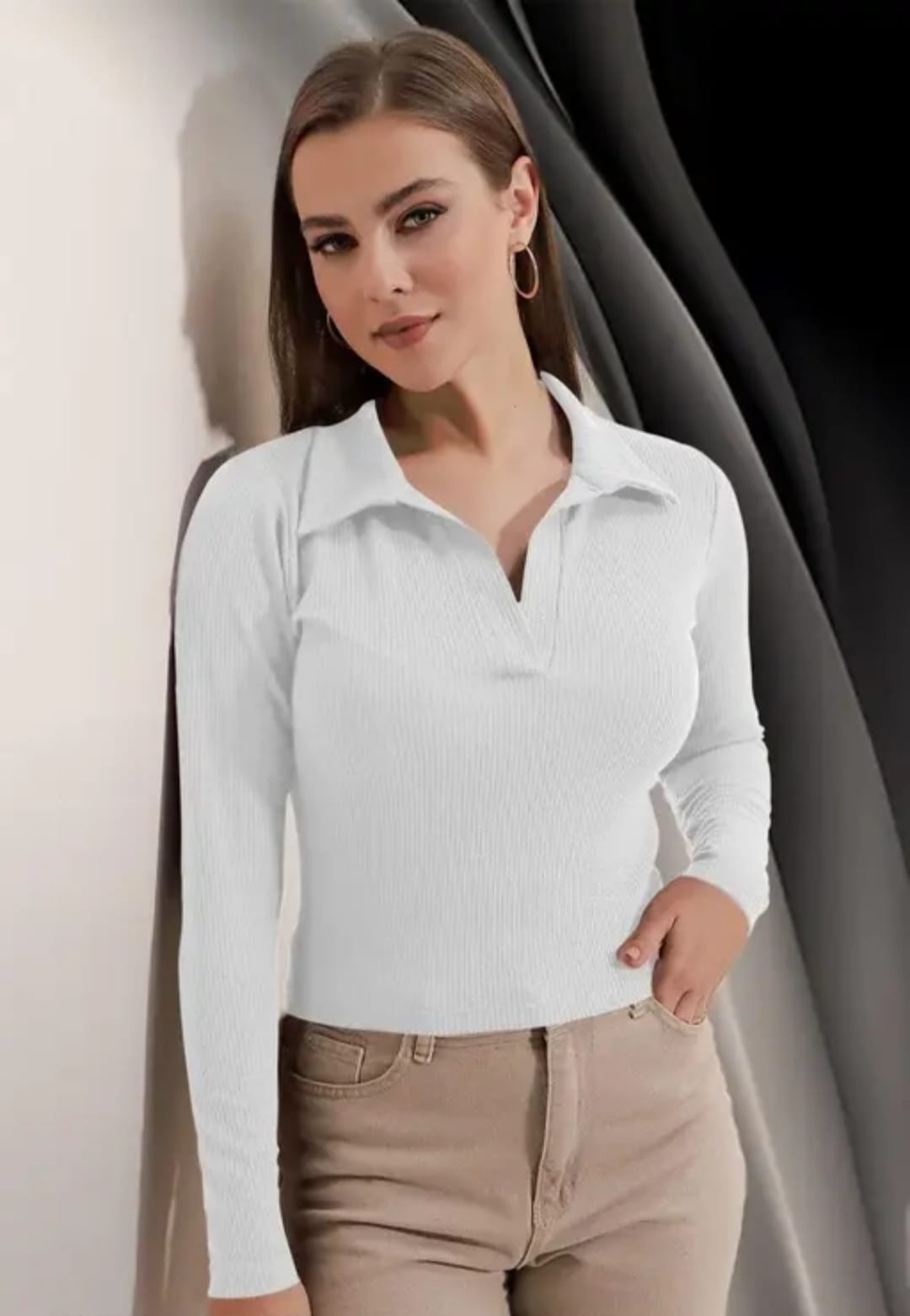 Casual Polyester Blend Ribbed Collar V-Neck & Regular Long Sleeves Stylish Coffee Top (20"Inches)