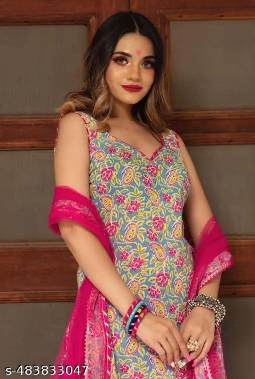 Pink Cotton Blend Floral Printed Kurta Set with Dupatta