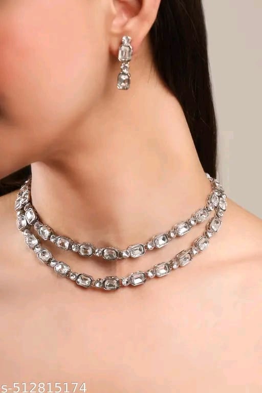Multilayer Emerald White color necklace earrings Statement American Diamond,Indian Jewelry , Wedding jewellery