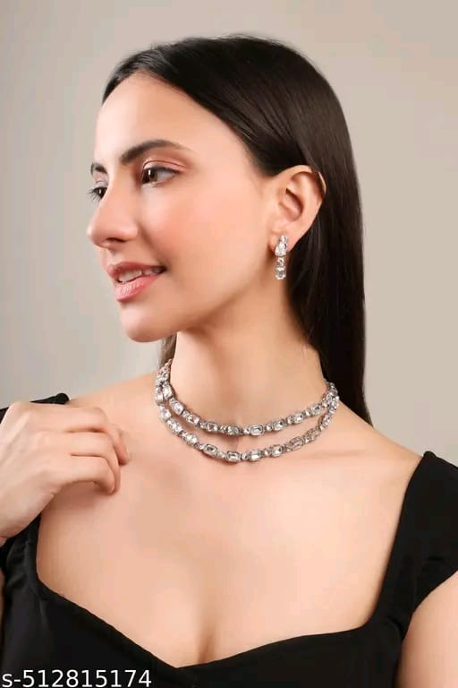 Multilayer Emerald White color necklace earrings Statement American Diamond,Indian Jewelry , Wedding jewellery