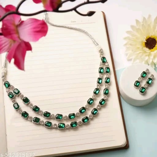 Multilayer Emerald White color necklace earrings Statement American Diamond,Indian Jewelry , Wedding jewellery