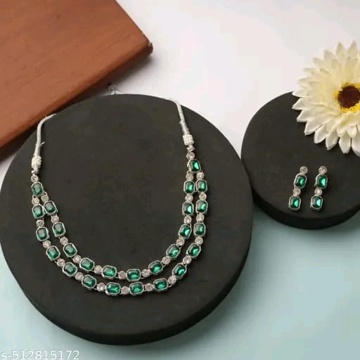 Multilayer Emerald White color necklace earrings Statement American Diamond,Indian Jewelry , Wedding jewellery