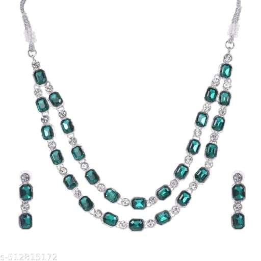 Multilayer Emerald White color necklace earrings Statement American Diamond,Indian Jewelry , Wedding jewellery