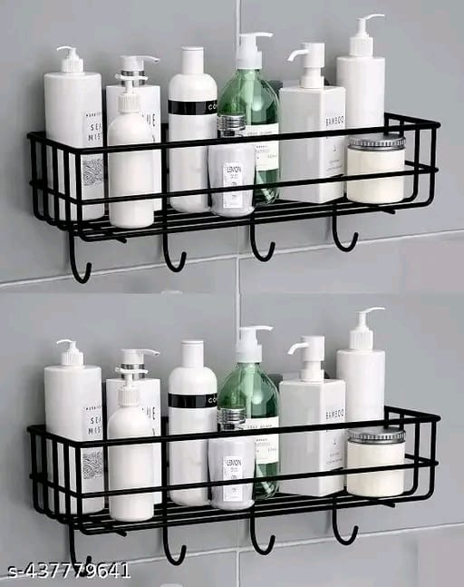 Bathroom Rack - Bathroom Shelves - Kitchen Storage – Self Adhesive Bathroom Shelf and Shampoo Holder with 4 Hook Adhesive Shower Caddy Metal Shelf (Pack of 2)
