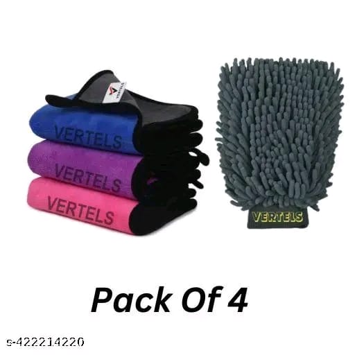 600 GSM Microfiber Car Cleaning Cloths Detailing Polishing Towels With Microfiber Gloves Duster Multicolor Pack Of 4