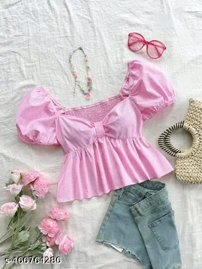 Cotton Stripe Puff Sleeve Shirt With Bow Tie, Peter Pan Crop Top Pink