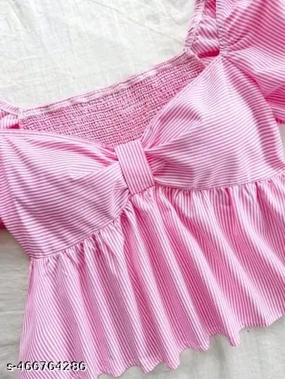 Cotton Stripe Puff Sleeve Shirt With Bow Tie, Peter Pan Crop Top Pink