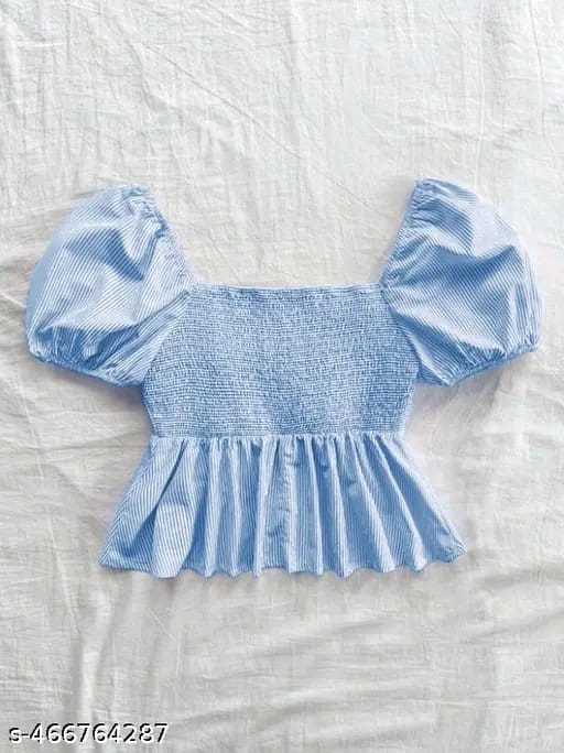Cotton Stripe Puff Sleeve Shirt With Bow Tie, Peter Pan Crop Top Pink