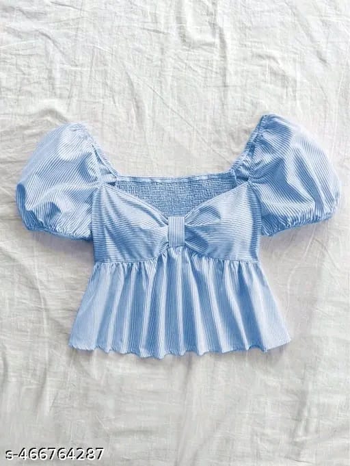 Cotton Stripe Puff Sleeve Shirt With Bow Tie, Peter Pan Crop Top Pink