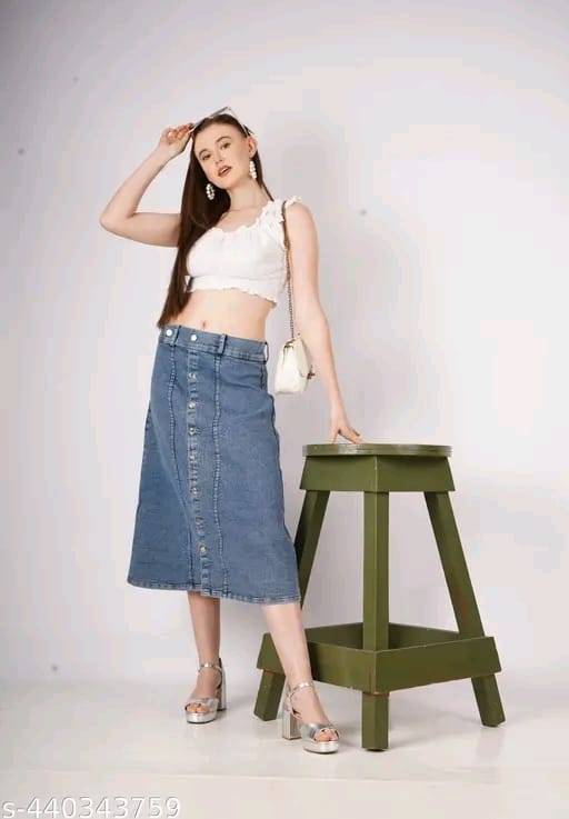 Stretch High Waisted Two Button Up Flared Dobby Denim Skirt For Women & Girls