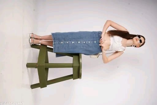 Stretch High Waisted Two Button Up Flared Dobby Denim Skirt For Women & Girls