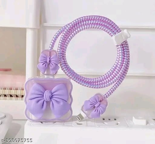 3D Cute Heart Pattern for i Phone Charger only 18W & 20W, Data Line Wire Saver Charging Cable Charger Protective Cable,Full Protection Cover 5 in 1- Purple-Bow