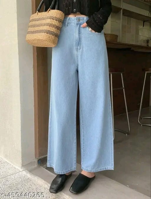 WOMEN WIDE LEG FLARED BELL BOTTOM HIGH RISE DENIM JEAN