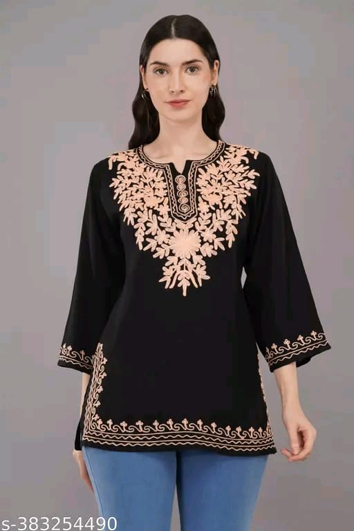 Casual Regular Sleeves Embroidered Women Top | Trendy Stylish Lucknow Chikankari Kurta Top Short Kurtis in Hand Embroidered for Women Kashmiri Top