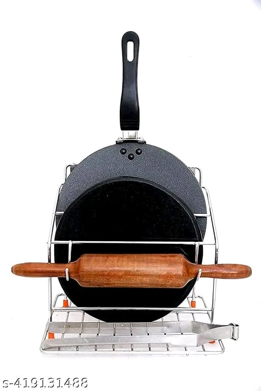Bhola Steel Stainless Steel Chakla Belan and Tawa Stand for Kitchen - 4 in 1 Tawa Chimta Stand, Rolling Pin Board Holder Wall Stand (Stand Only, Floating Shelves)