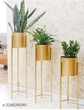 Modern Metal Floor Tall Indoor Plant Stand Flower Stands for Living Room Bedroom Display Plant Stand with Planter Pot Set Of 3 Gold |