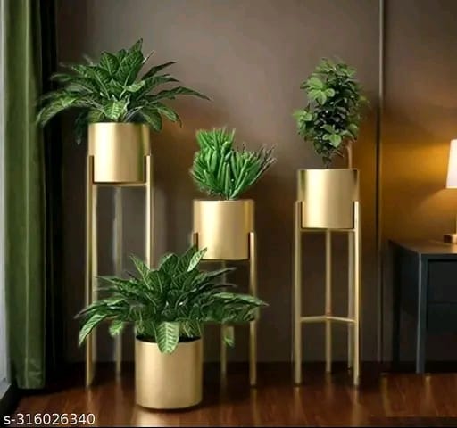 Modern Metal Floor Tall Indoor Plant Stand Flower Stands for Living Room Bedroom Display Plant Stand with Planter Pot Set Of 3 Gold |