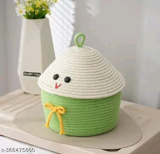 Tamanna Matka Cotton Basket for Storage, Kitchen, Baby Clothes (1 Piece, 20x25 cm) –Handcrafted Round Woven Big Size Cartoon Basket for Kids, Toys, Wardrobe, Hamper, Plants (Beige)