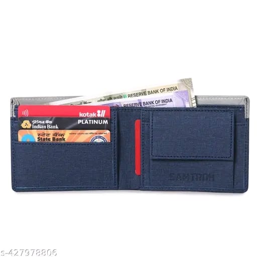 SAMTROH Embellished Men's Wallet, Blue & White, 3 Card Slots, 2 Currency & Secret Compartments, 1 Coin Pocket
