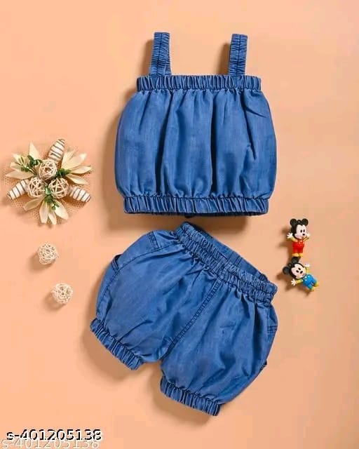 New Latest Baby Girl Outfits Summer Clothes Top With Shorts Set Denim Blue