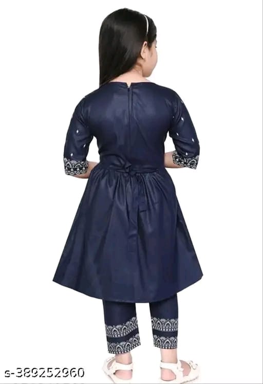 Baby Girl's Rayon Printed Round Neck Naira Cut Kurti With Pant (Navy Blue)