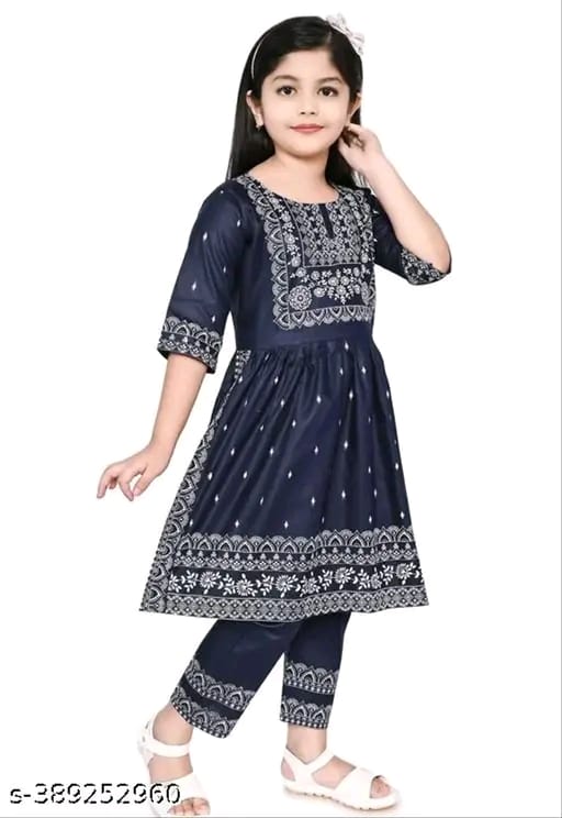 Baby Girl's Rayon Printed Round Neck Naira Cut Kurti With Pant (Navy Blue)