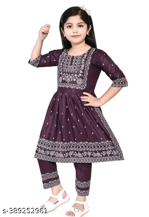 Baby Girl's Rayon Printed Round Neck Naira Cut Kurti With Pant (Navy Blue)