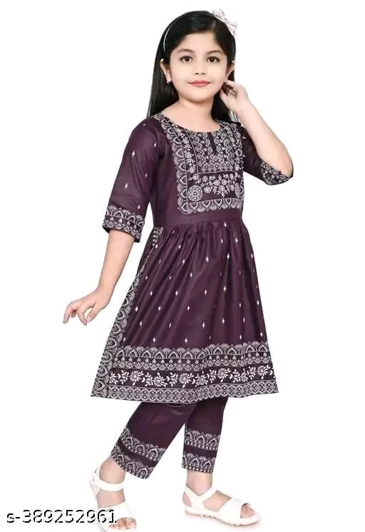 Baby Girl's Rayon Printed Round Neck Naira Cut Kurti With Pant (Navy Blue)