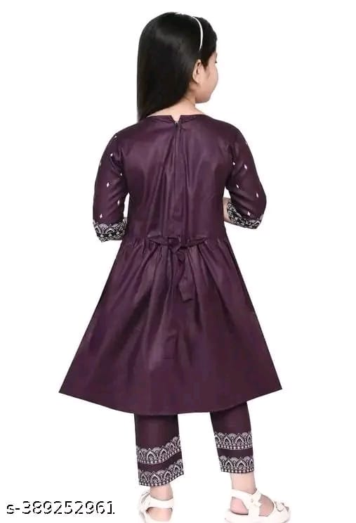 Baby Girl's Rayon Printed Round Neck Naira Cut Kurti With Pant (Navy Blue)