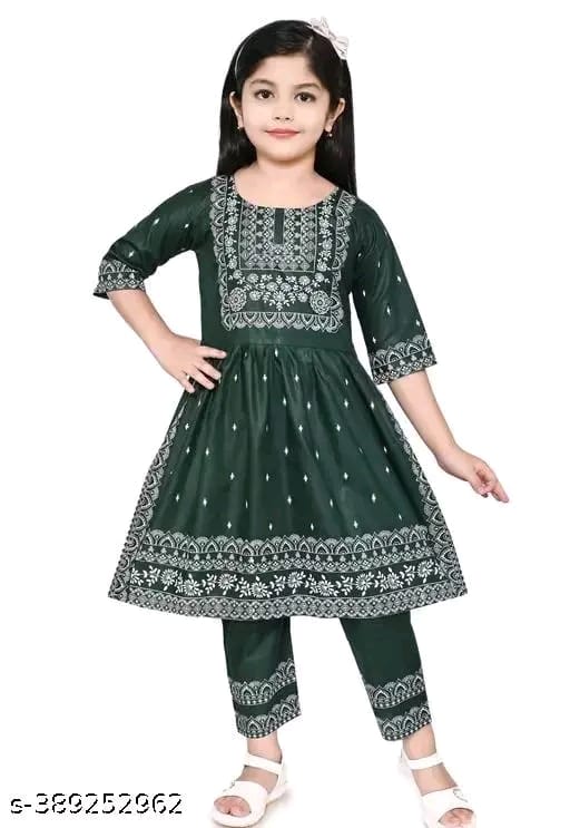Baby Girl's Rayon Printed Round Neck Naira Cut Kurti With Pant (Navy Blue)