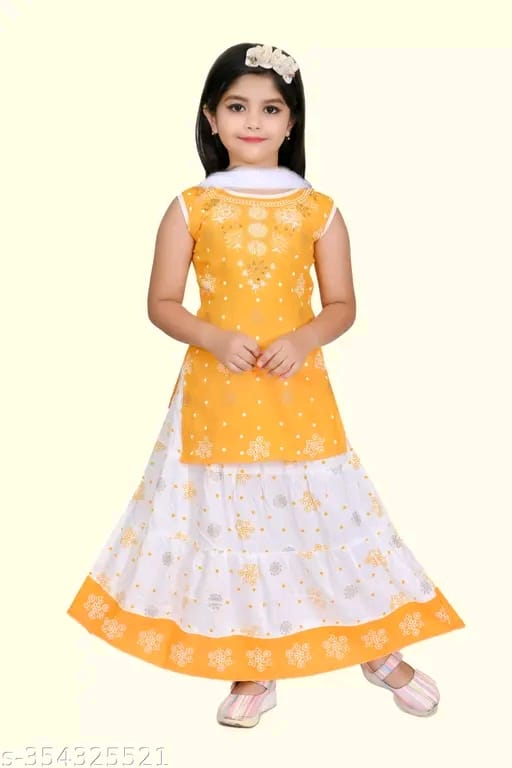 Printed Kurta and Skirt Set with Dupatta for Girls