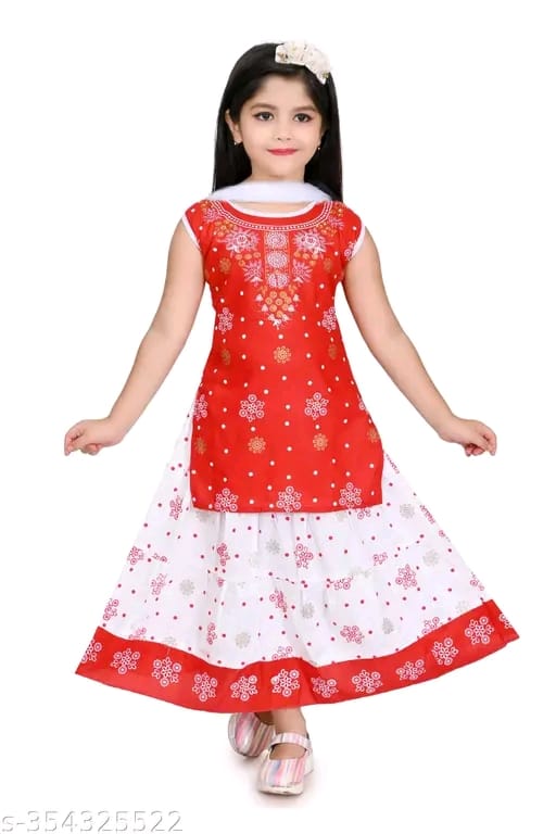 Printed Kurta and Skirt Set with Dupatta for Girls