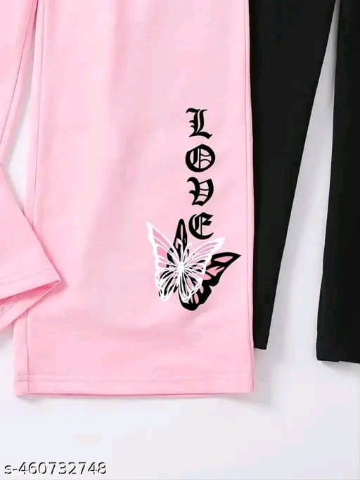 Girls Trendy Butterflies Graphic Print Wide Leg Pants For Spring & Summer- 2pcs/set