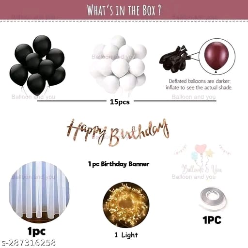 White Net Curtain Happy Birthday Decoration Items Combo Kit with white net curtain,led light, metallic balloons, ribbon & banner for boy girl husband wife kids