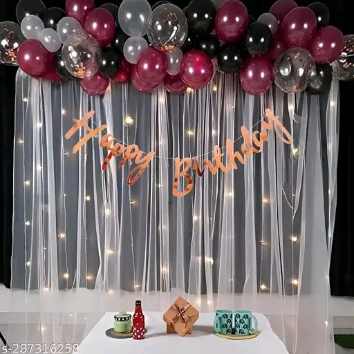 White Net Curtain Happy Birthday Decoration Items Combo Kit with white net curtain,led light, metallic balloons, ribbon & banner for boy girl husband wife kids
