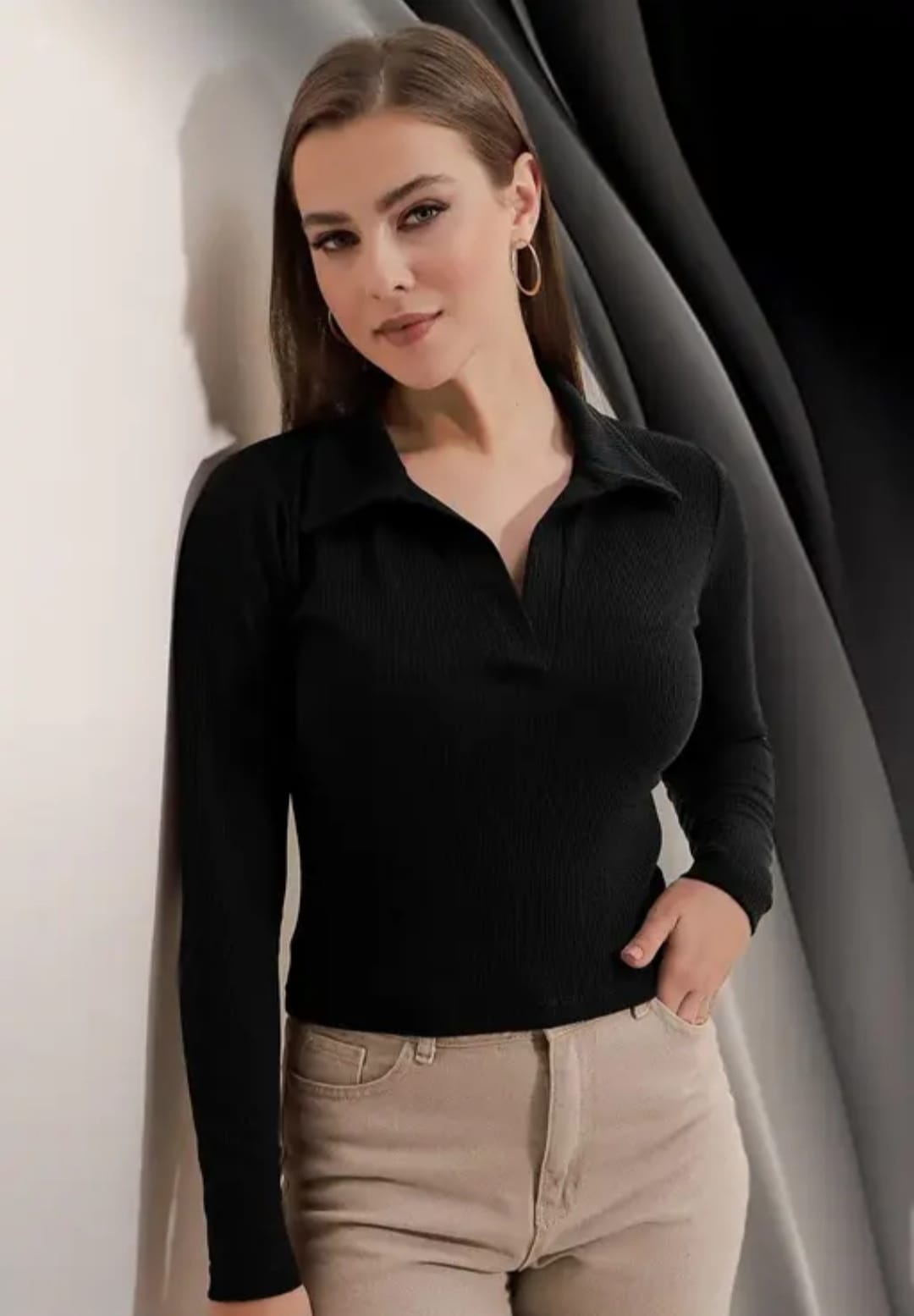 Casual Polyester Blend Ribbed Collar V-Neck & Regular Long Sleeves Stylish Coffee Top (20"Inches)