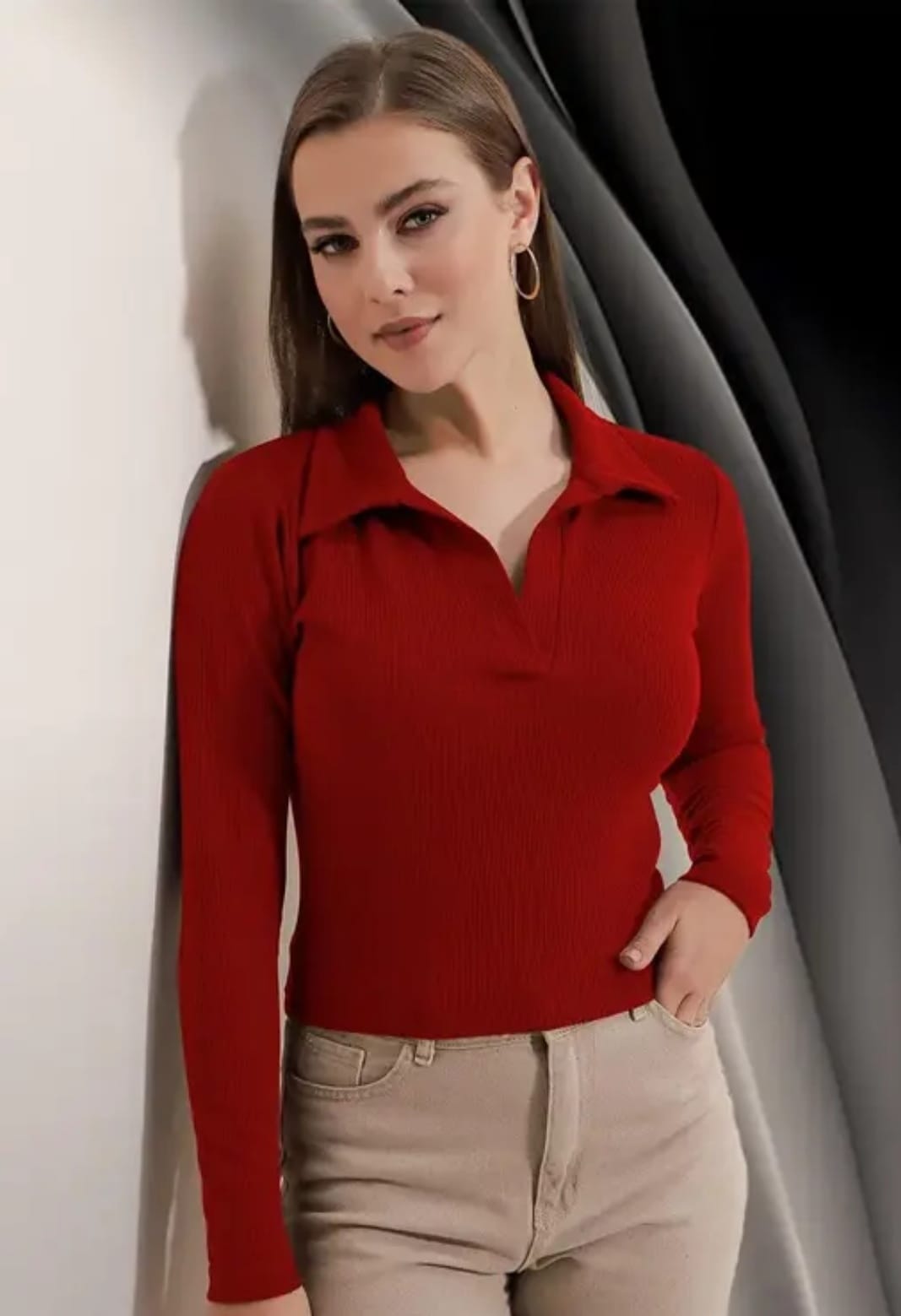 Casual Polyester Blend Ribbed Collar V-Neck & Regular Long Sleeves Stylish Coffee Top (20"Inches)