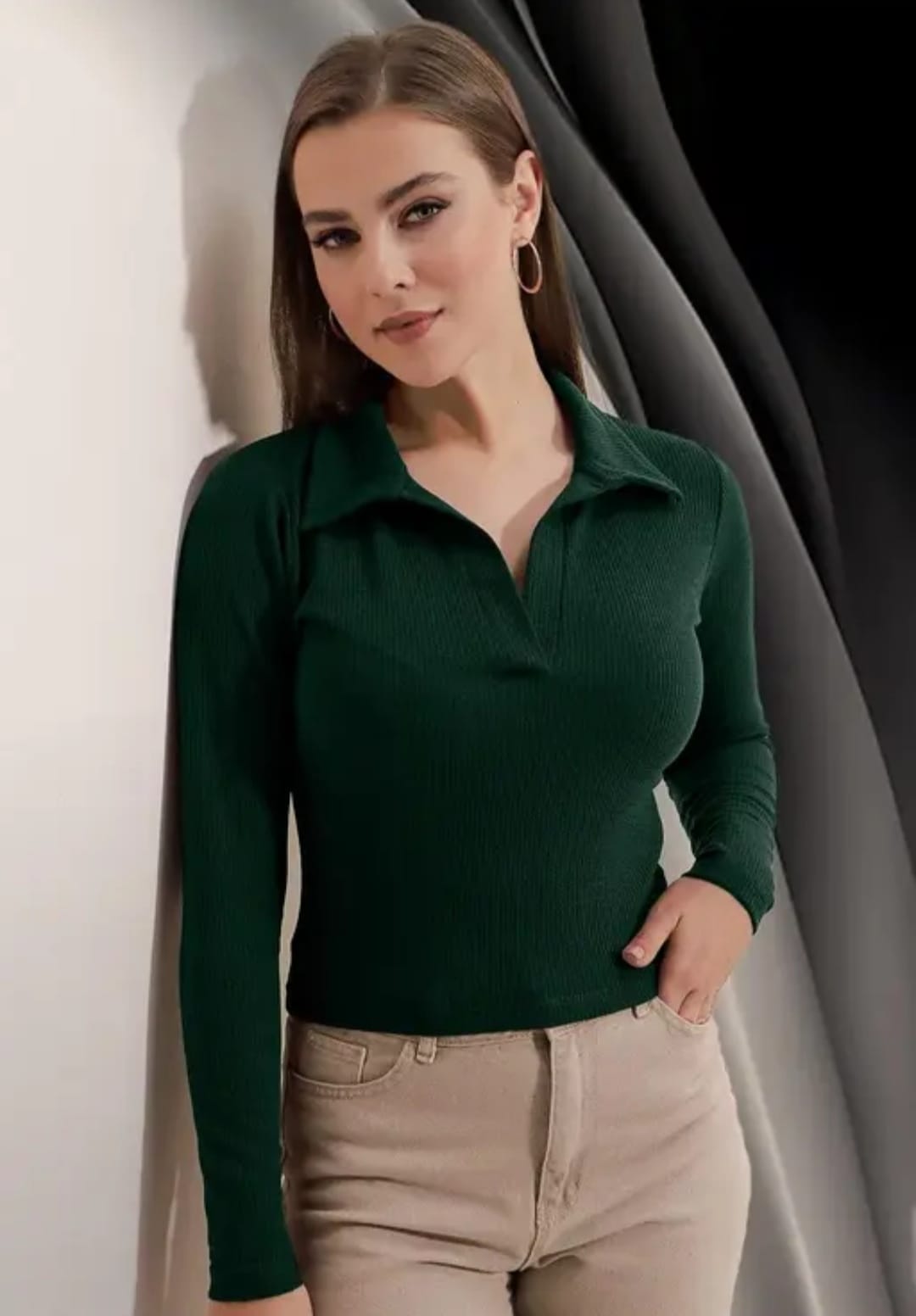 Casual Polyester Blend Ribbed Collar V-Neck & Regular Long Sleeves Stylish Coffee Top (20"Inches)