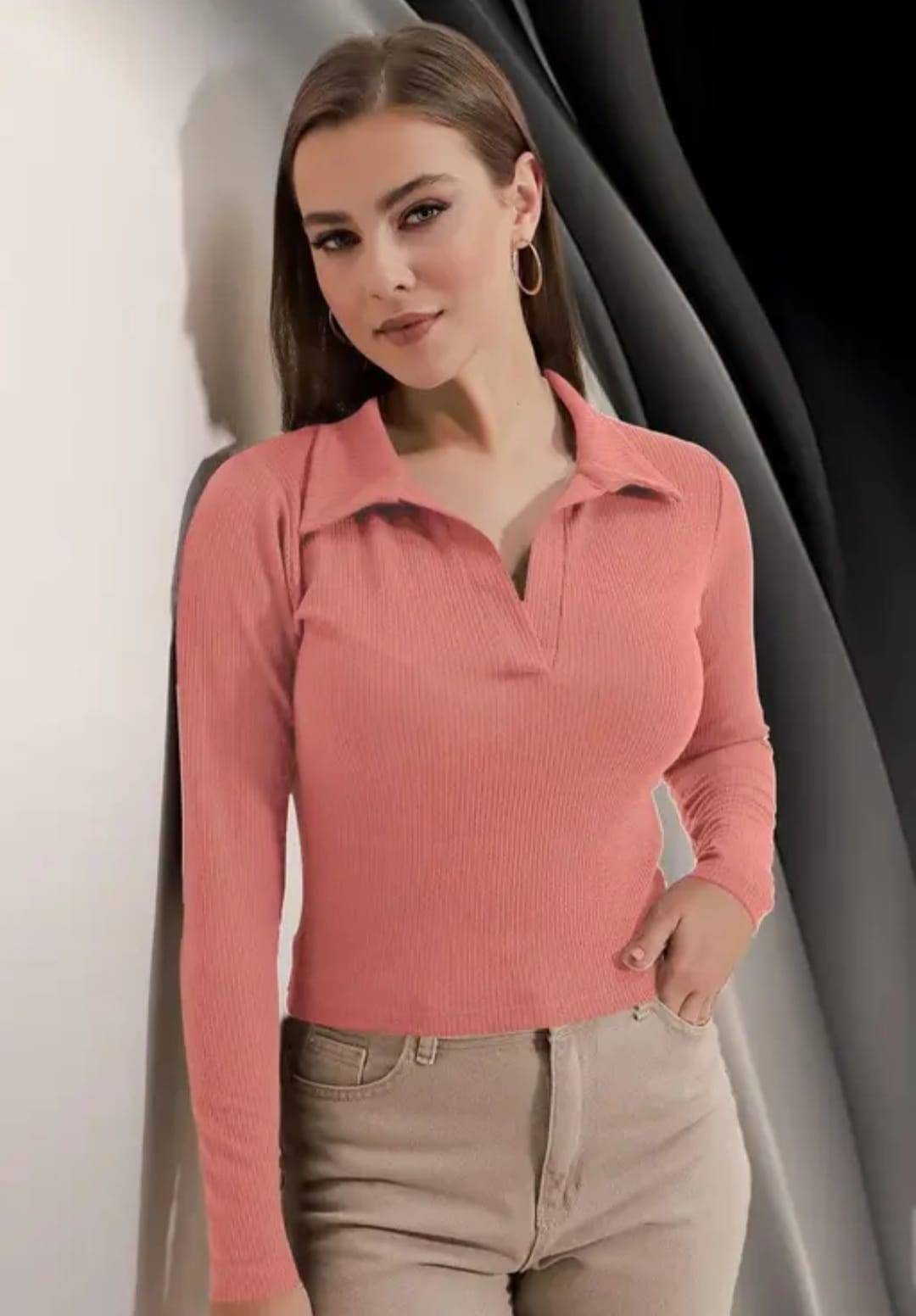 Casual Polyester Blend Ribbed Collar V-Neck & Regular Long Sleeves Stylish Coffee Top (20"Inches)