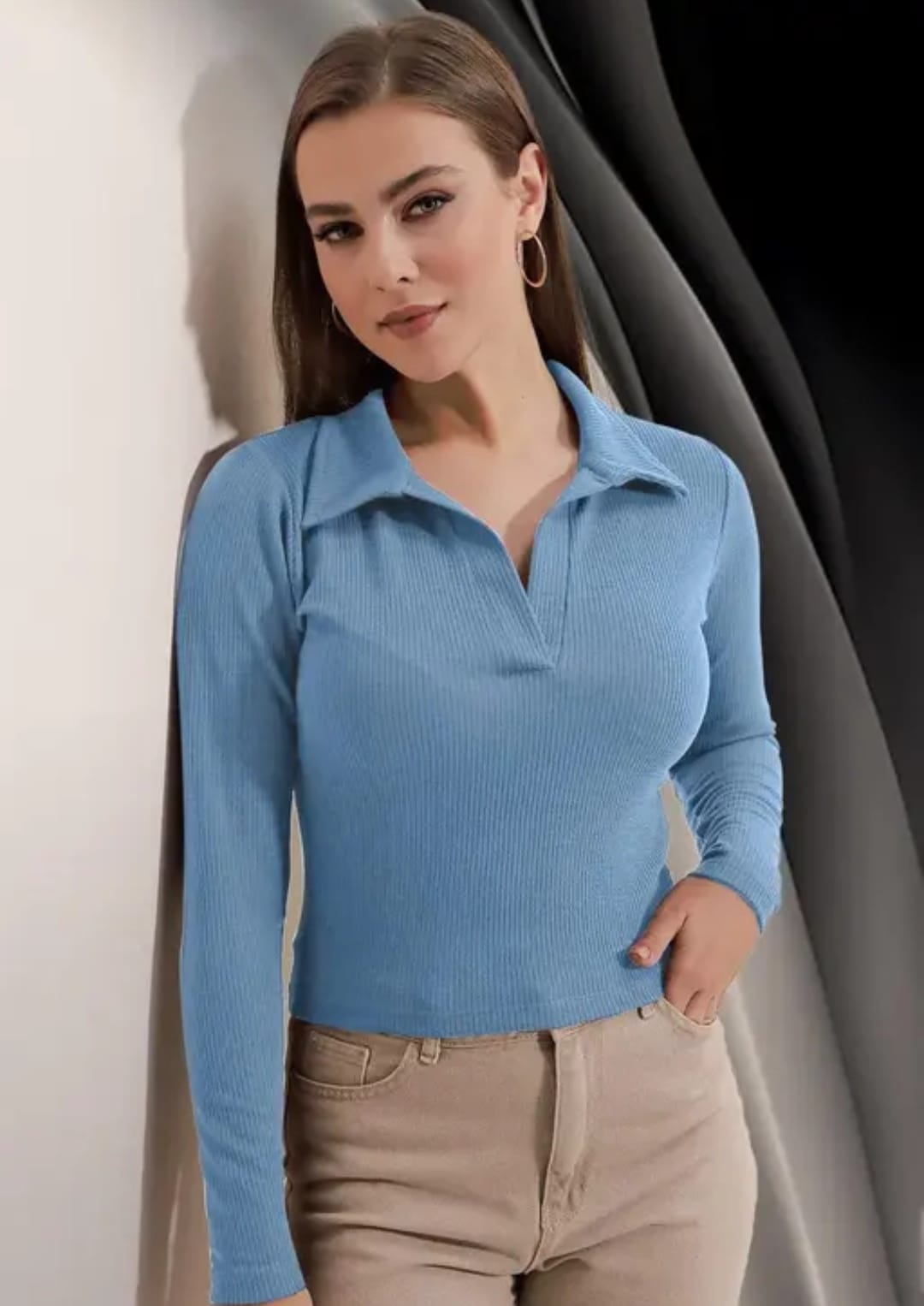 Casual Polyester Blend Ribbed Collar V-Neck & Regular Long Sleeves Stylish Coffee Top (20"Inches)
