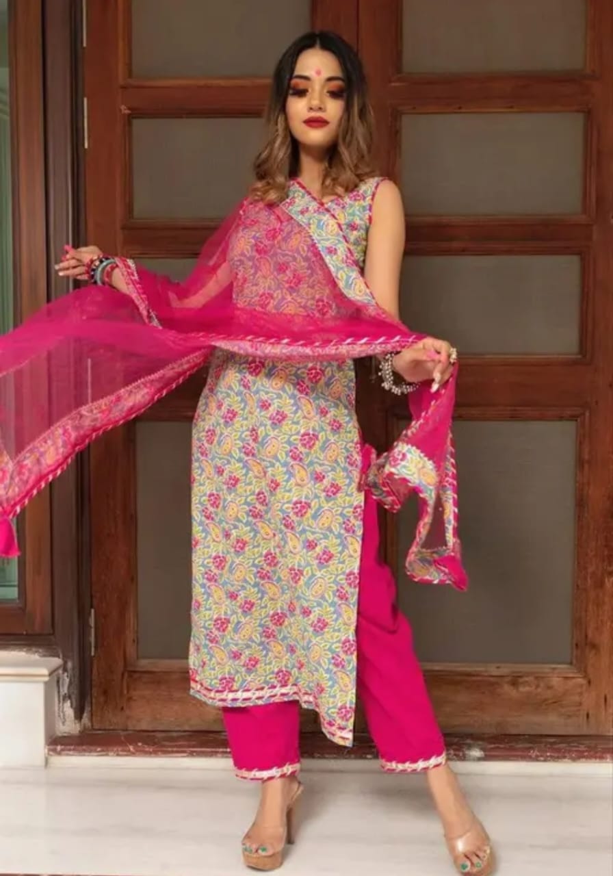 Pink Cotton Blend Floral Printed Kurta Set with Dupatta