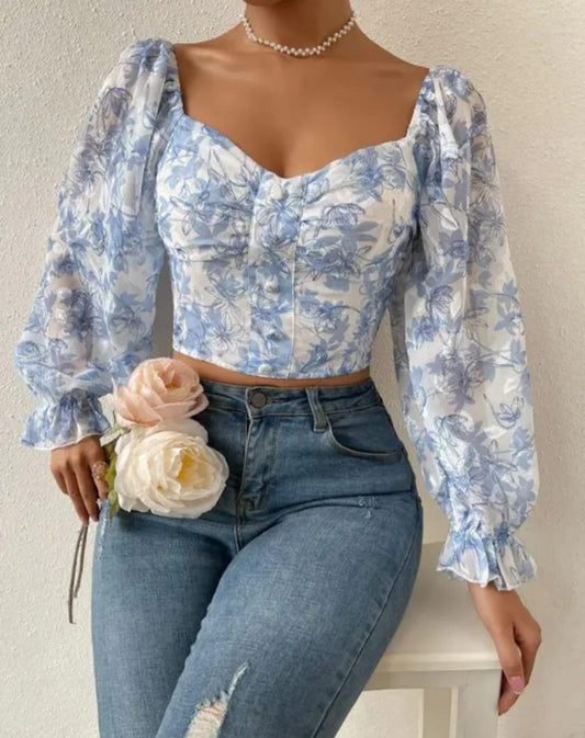 Women's Sweetheart Neck Bishop Sleeve Floral Print Shirred Crop Blouse Top