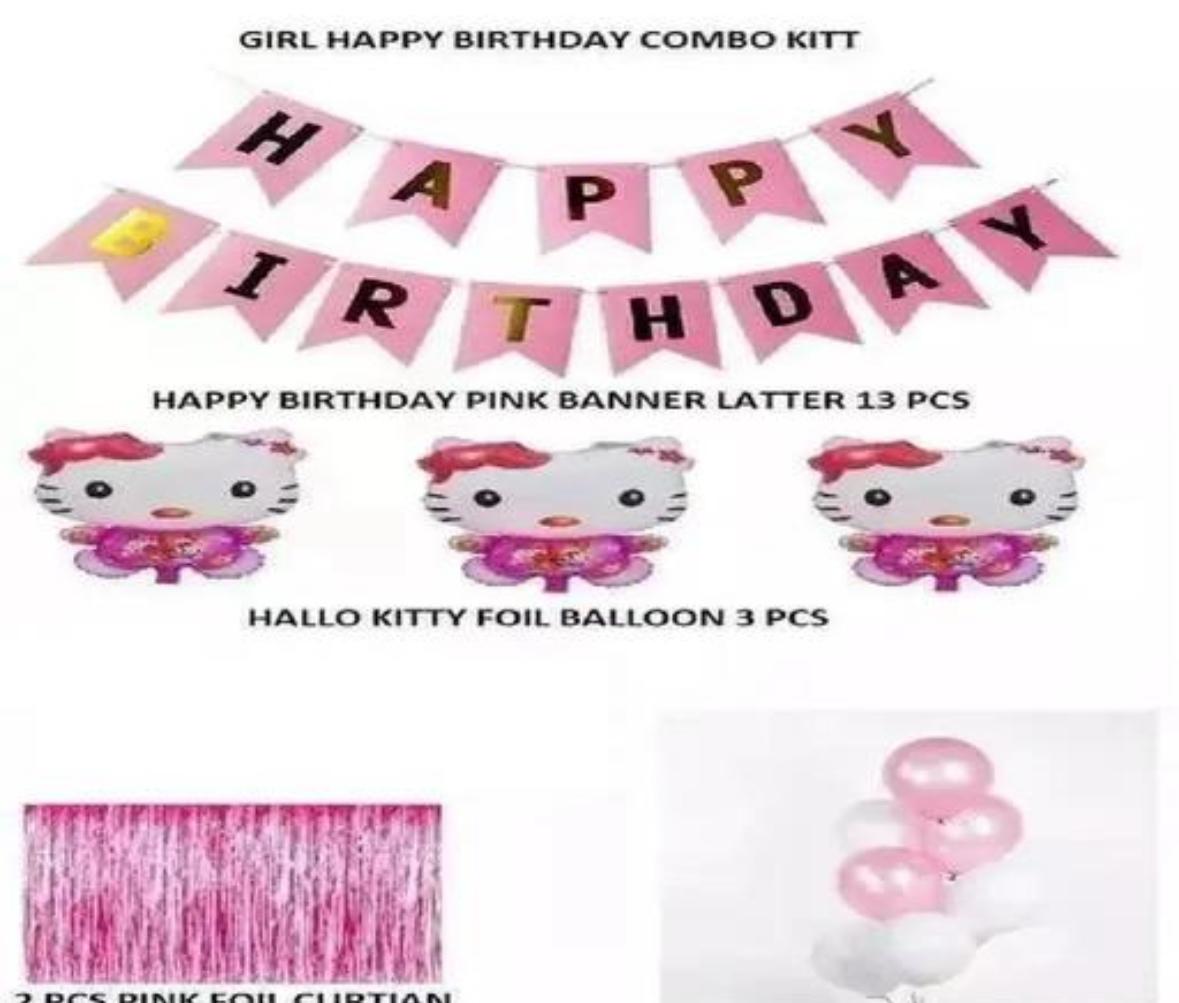 3,kitty birthday combo-pack of 40 (Set of 40) Balloons & Decoration happy birthday pink benner 3 foil kitti 2 pink curtain 2 pink star 2 silver star 24 pink white ballon