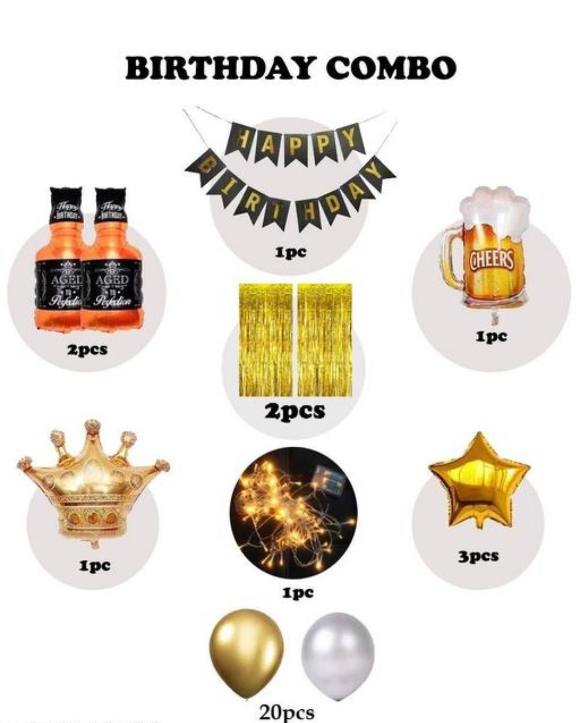 Happy Birthday Banner Decoration Kit for Husband Boys Balloons Decorations Items Combo with Cheers Foil Balloon Crown Foil, Age Perfect, Metallic Balloons with Fairy Light
