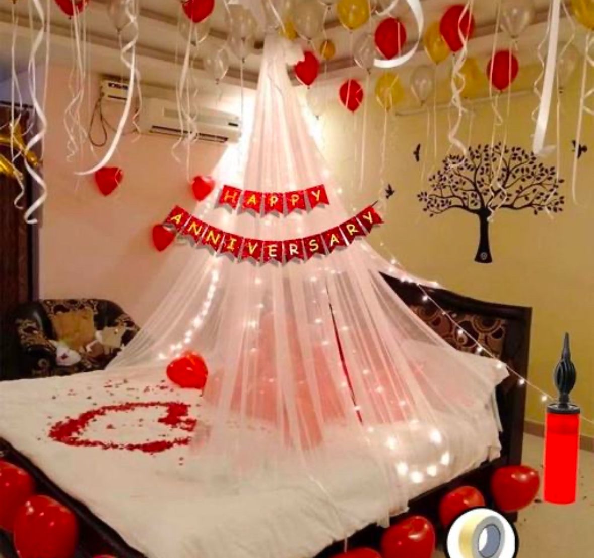 Happy Anniversary Red Banner + 2 Red Heart Foil + 30 balloons Gold White Red + Net Curtains & Light + Balloon Tape + BalloonPump For Surprise Anniversary Decoration Kit For Husband Wife