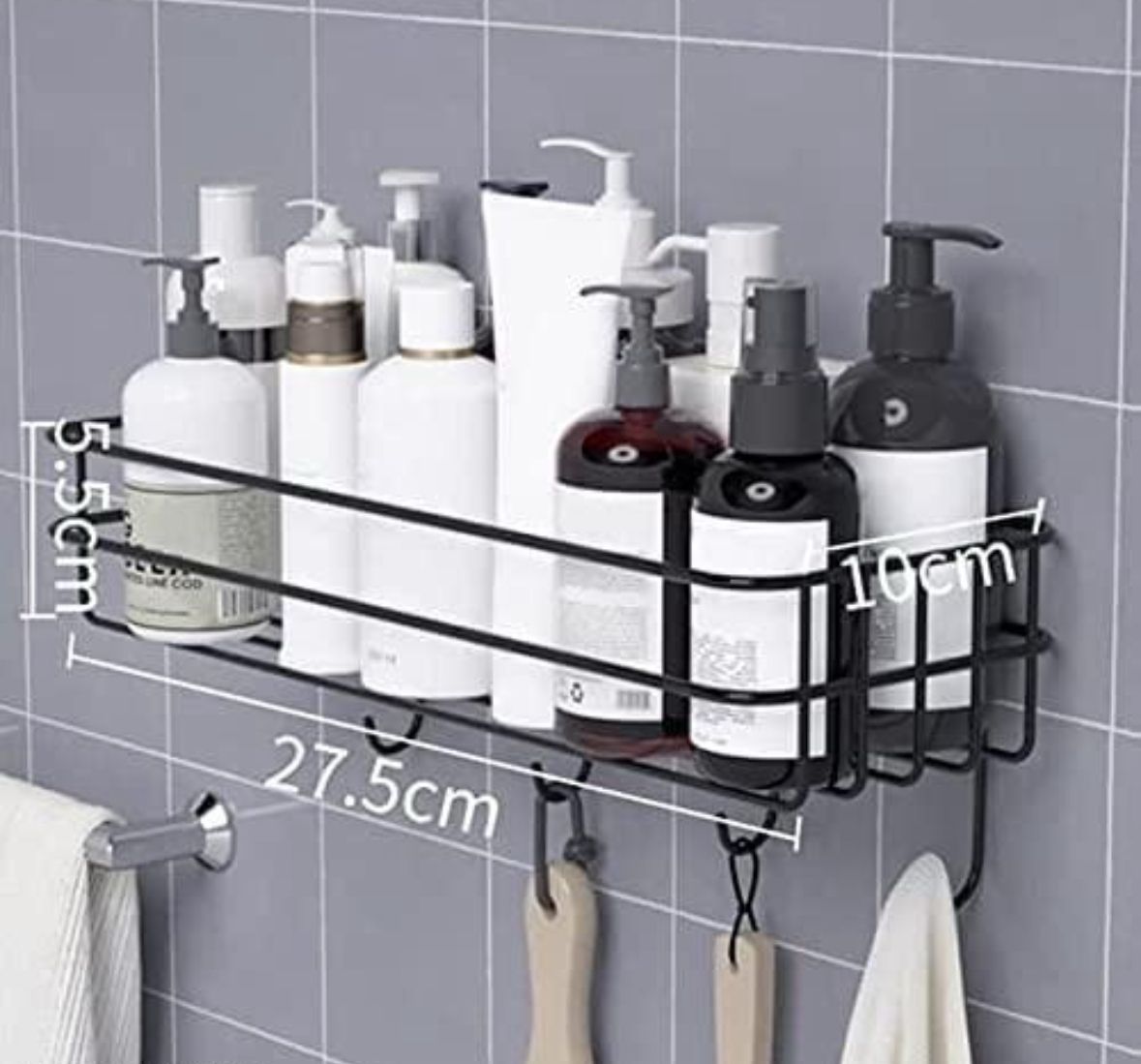 Bathroom Rack - Bathroom Shelves - Kitchen Storage – Self Adhesive Bathroom Shelf and Shampoo Holder with 4 Hook Adhesive Shower Caddy Metal Shelf (Pack of 1