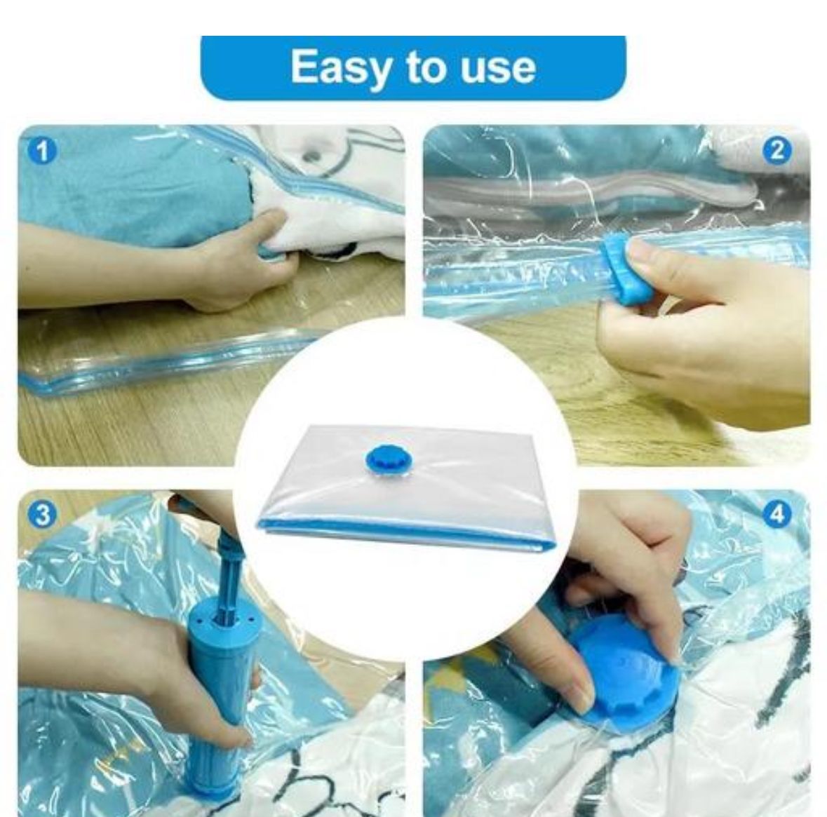 5 Pack Vacuum Bags for Travel with Hand Pump,Airtight,Reusable Space Saver Compression Bags for Packing,Sealer Bags with Ziplock for Blanket (2 Small,2 Medium,1 Large)