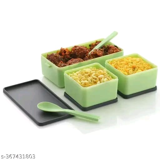 3-in-1 Compartment Lunch Box Tiffin Box Lunch Box with Fork & Spoon