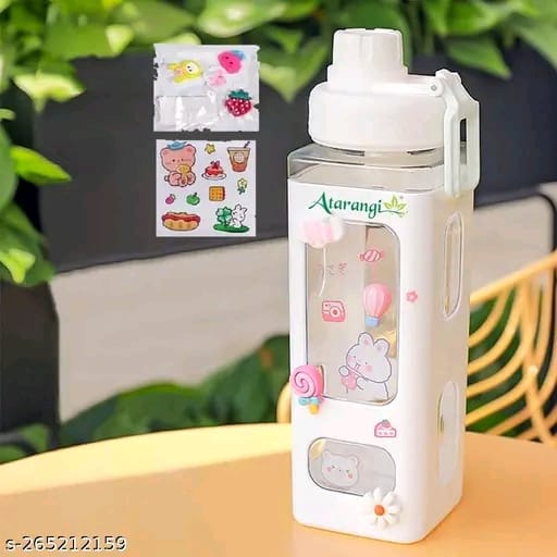 Stay Refreshed and Stylish with ATARANGI Kawaii Bear Water Bottle With Convenient Straw, and 3d Sticker, High Quality Fancy Kids Water bottle - Pack of 1 | Best Kids Water Bottle | ( WHITE COLOR WITH 3D AND 2D STICKER , 750 Ml )