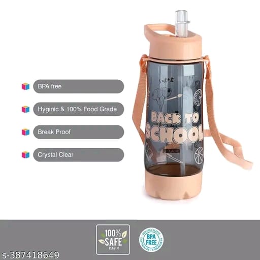SPACE School Trendy 600ML water bottle with Straw & Belt for kids | School Bottle | Picnic Bottle |Sipper Bottle | Kids waterbag ( Pack of 2, Pink & Blue)